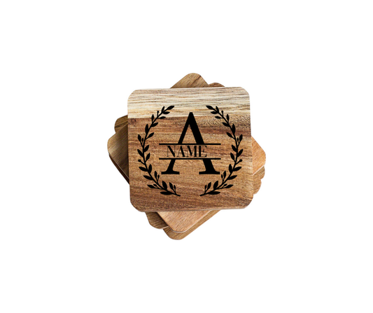 Personalized Initial Wooden Coasters with Roman Leaf Design