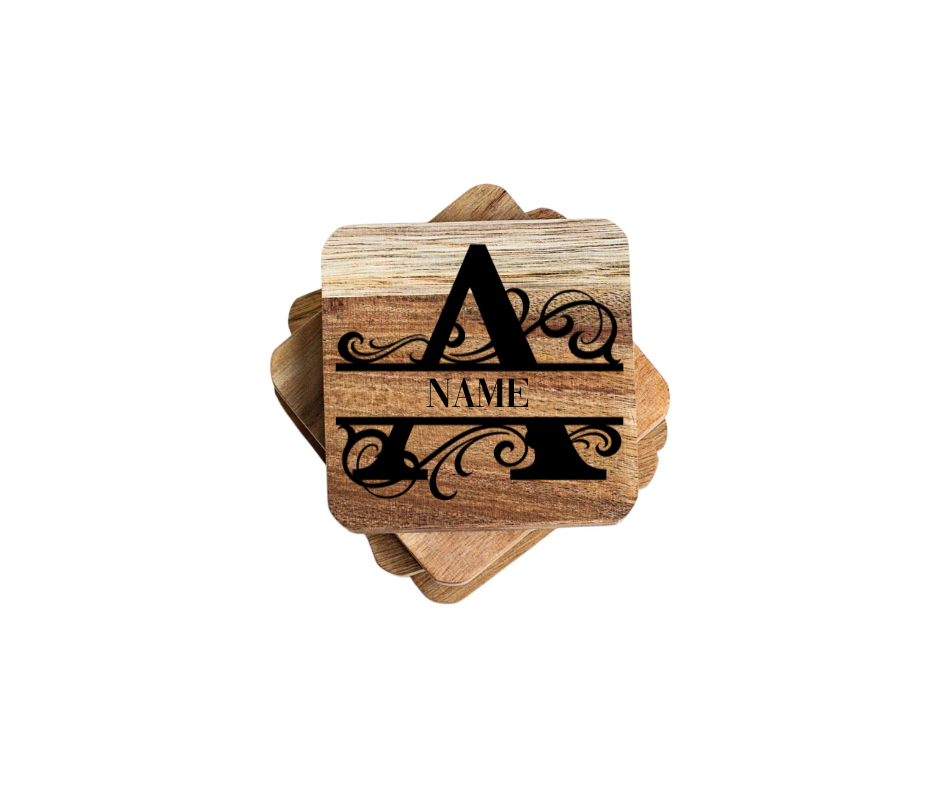 Personalized Initial Wooden Coasters with Elegant Scroll Design