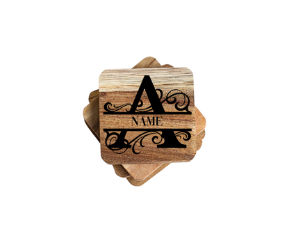 Personalized Initial Wooden Coasters with Elegant Scroll Design